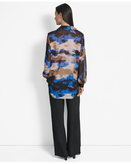 DKNY Blue Printed Button-front Long-sleeve Shirt