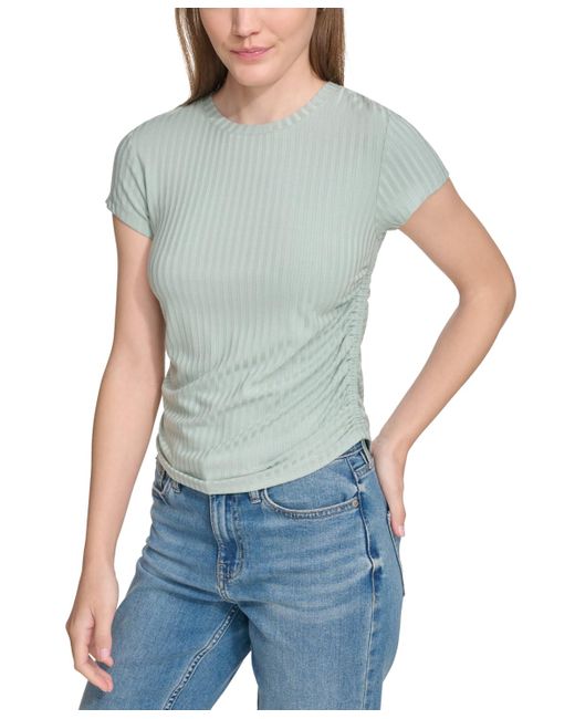 Calvin Klein Blue Short-sleeve Side-ruched Crop Top