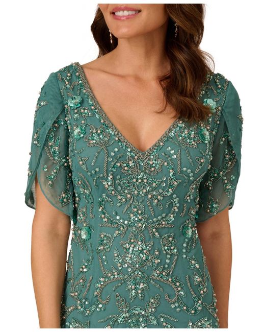 Adrianna Papell Beaded Petal-sleeve Mermaid Gown in Green | Lyst Adrianna Papell Beaded Petal-sleeve Mermaid Gown in Green | Lyst