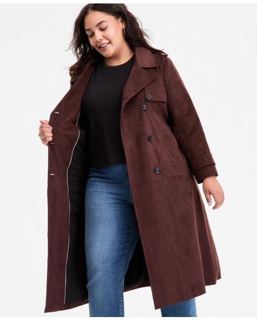 BCBGMAXAZRIA Red Plus Size Double-breasted Faux-suede Belted Trench Coat