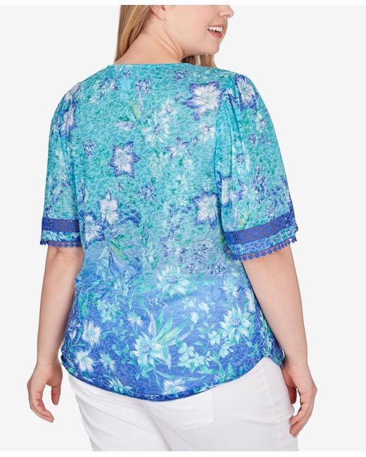 Ruby Rd Blue Plus Size Ombre Bali Floral Top