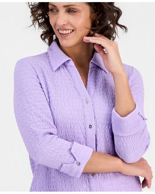 Kasper Purple 3q Button Frt Top With Split Cuff