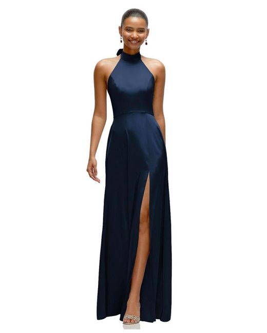 After Six Blue Plus Size Band Collar Halter Open Back Fluid Satin Maxi Dress