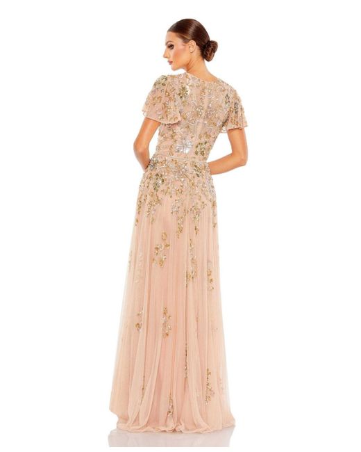 Mac Duggal Natural Embellished Butterfly Sleeve High Neck Gown