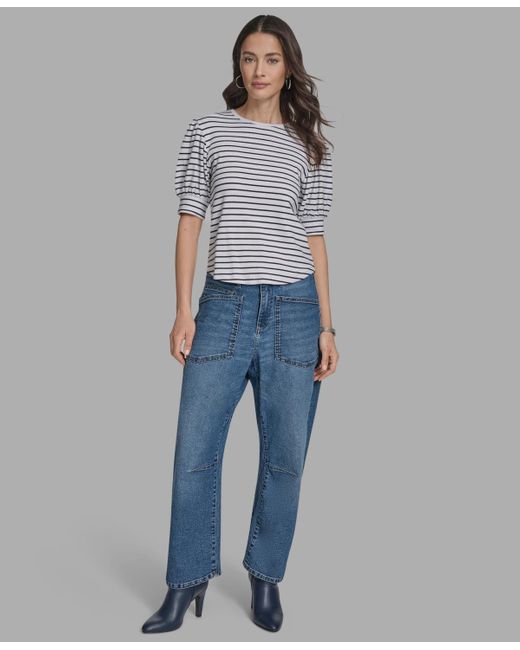 BCBGMAXAZRIA Blue Short Sleeve Stripe Crewneck Top