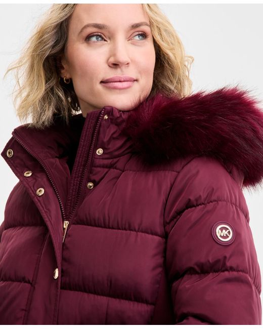 Michael Kors Red Michael Faux-fur-trim Hooded Puffer Coat