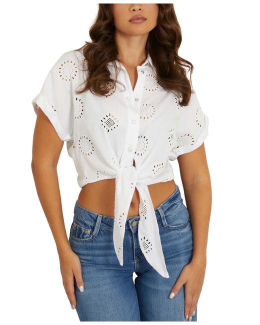 Guess White Brigitte Eyelet Embroidered Button Front Shirt