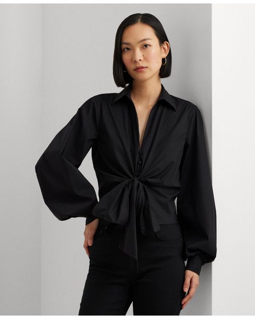 Lauren by Ralph Lauren Black Blouson-sleeve Bow Shirt