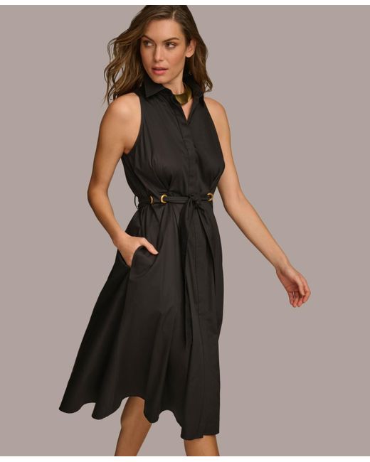 Donna Karan Black Sleeveless Cotton Fit & Flare Shirtdress