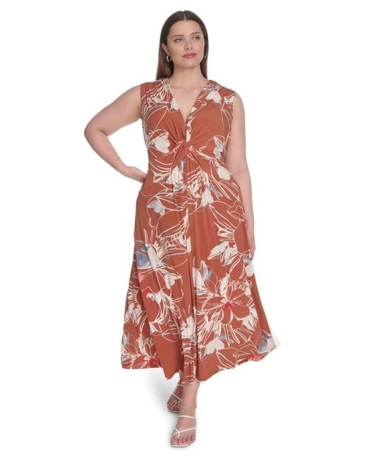 Calvin Klein Red Plus Size Sleeveless V-neck Midi Dress