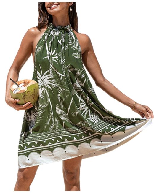 CUPSHE Green Palm Leaf Halter Mini Tent Beach Dress