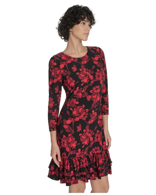Tommy Hilfiger Red Petite 3/4-sleeve Ruffle-hem Shift Dress