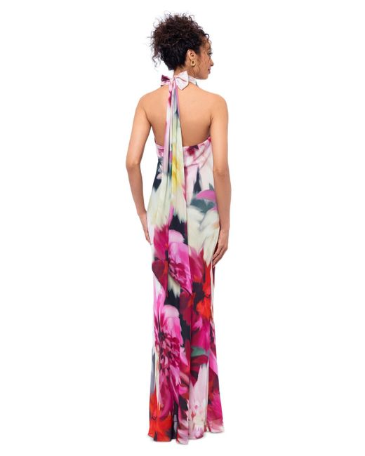 Betsy & Adam White Floral-print Halter Gown