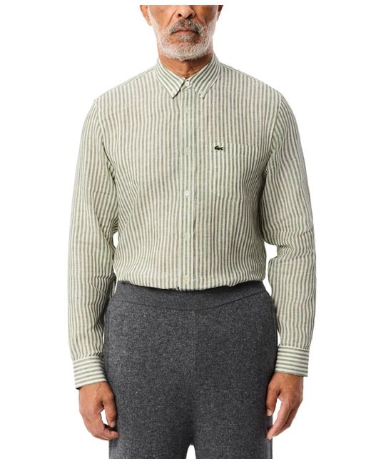 Lacoste Gray Long Sleeve Striped Button-down Linen Shirt for men