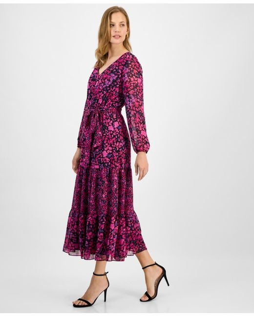 Kasper Purple Floral-print Tiered Fit & Flare Dress