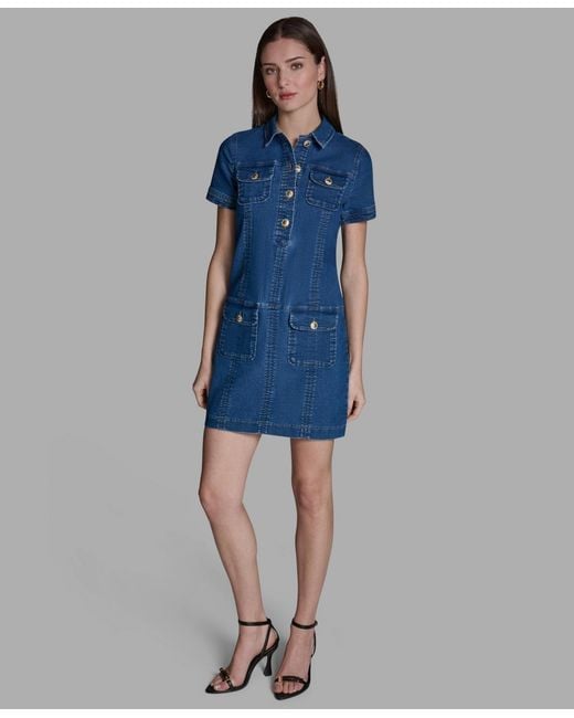 BCBGMAXAZRIA Collared Neck Denim Shirt Dress in Blue