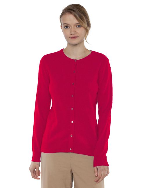 Jennie Liu Red 100% Cashmere Button Front Long Sleeve Crewneck Cardigan Sweater