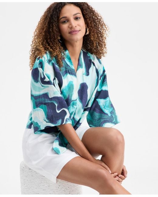 INC International Concepts Blue Printed Tie-hem Top