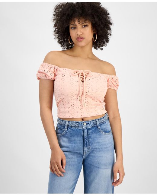 Guess Blue Eliane Off-the-shoulder Cropped Top