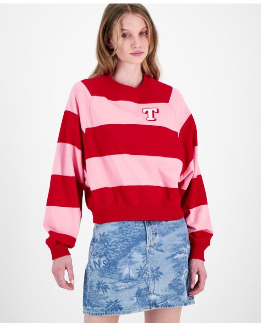 Tommy Hilfiger Red Striped Letterman Crewneck Cotton Sweatshirt