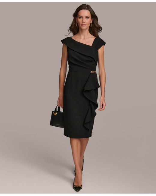 Donna Karan Donna Karan Asymmetric Neckline Cap Sleeve Ruffle Trim Sheath Dress in Black Lyst