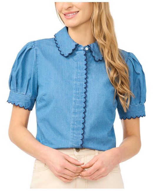 Cece Blue Puff-sleeve Button-front Shirt
