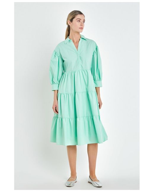 English Factory Green V-neckline Puff Sleeve Midi Dress