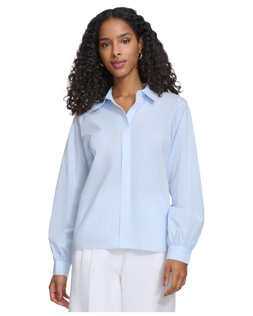 Calvin Klein Blue Pinstriped Covered-placket Long-sleeve Blouse