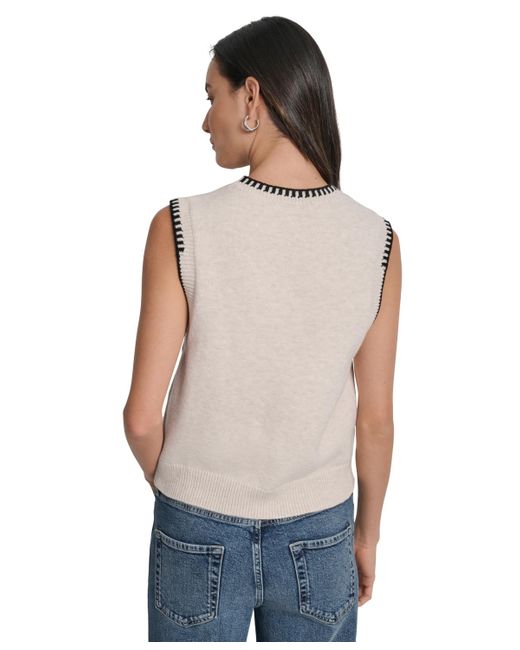 DKNY Blue Whipstitch Trim Crewneck Sleeveless Sweater