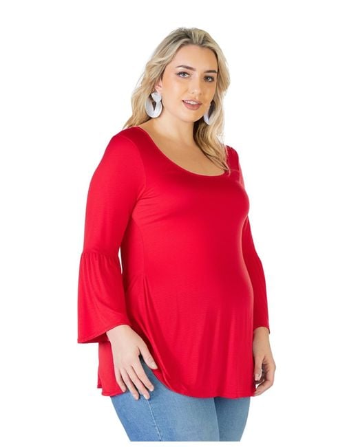 24seven Comfort Apparel Red Plus Size Long Bell Sleeve Fla Tunic Top