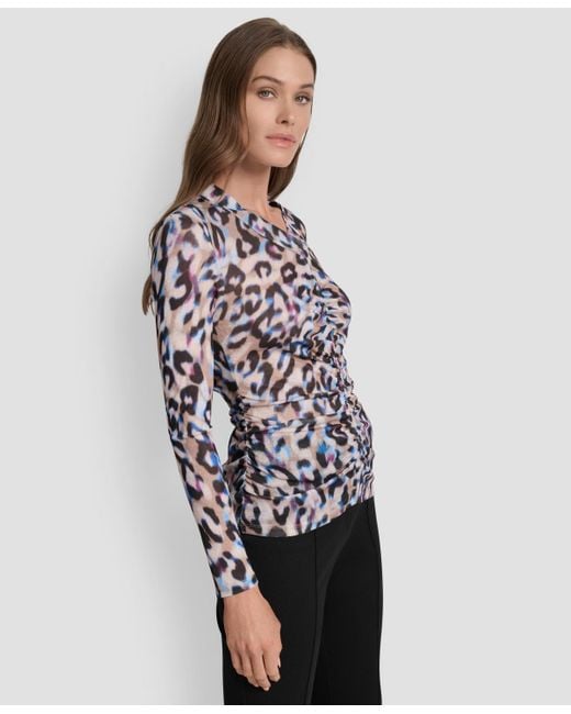 DKNY Multicolor Printed V-neck Ruched Top