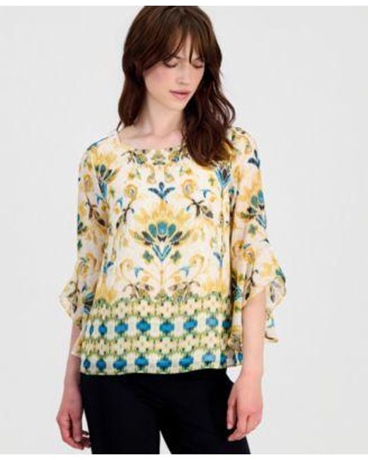 Kasper Natural Printed Ruffled Sleeve Blouse