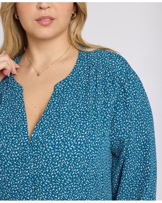 NYDJ Blue Plus Size Pintuck Split Neck Top