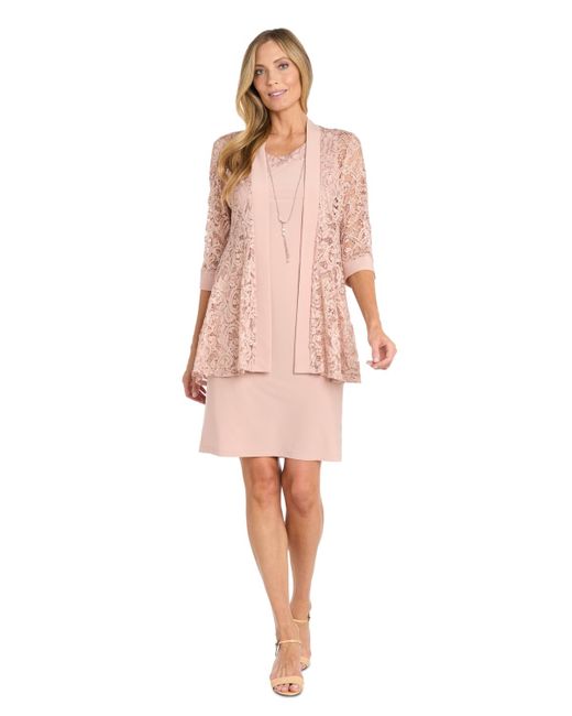 R M Richards Women's Pink Sequined Lace Jacket Necklace