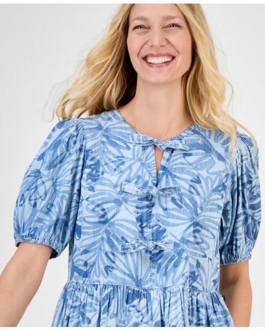 Nautica Blue Palm-print Bow-trim Dress