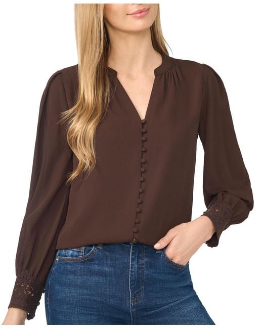 Cece Brown Lace-cuff Button-front V-neck Blouse