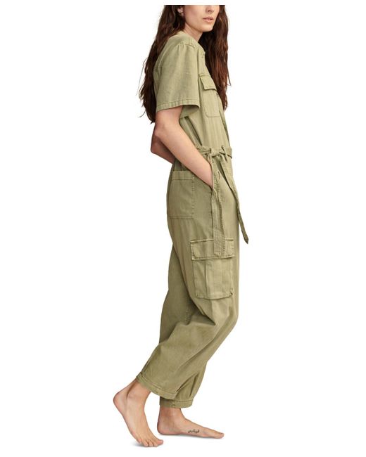 Lucky Brand Belted Short-sleeve Denim Jumpsuit in Green | Lyst