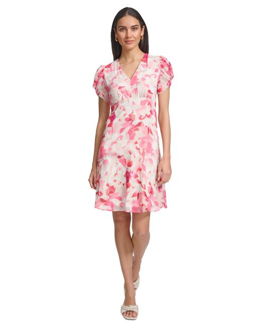 Calvin Klein Pink Petite Printed V-neck Short-sleeve A-line Dress