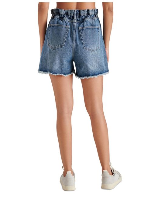 Steve Madden Blue Lunetta Cut-hem Paper-bag-waist Cotton Denim Shorts