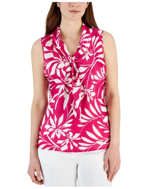 Tahari Pink Printed Sailor-tie-neck Sleeveless Top