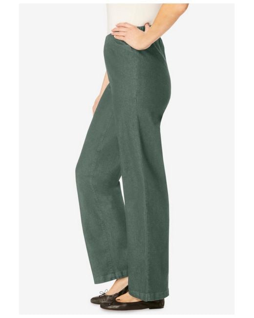Woman Within Green Petite Within Fineline Stretch Denim Wide-leg Pull-on Jeans