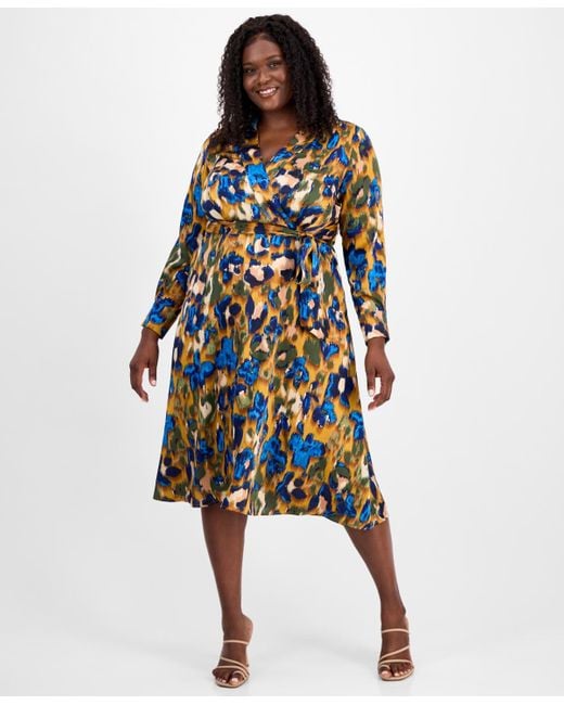 Tahari White Plus Size Printed V-neck Tie-waist Midi Dress