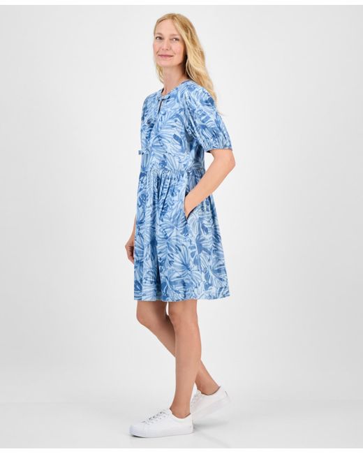 Nautica Blue Palm-print Bow-trim Dress