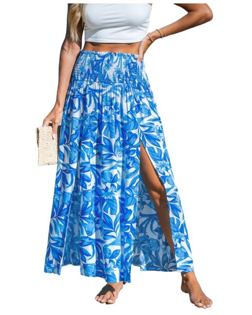CUPSHE Blue Tropical Smocked Waist Maxi Cover-up Skirt