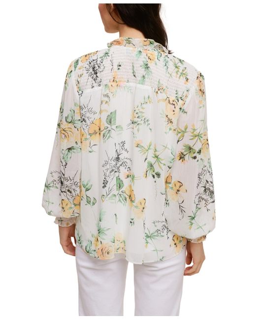 Fever White Printed Yoryu Blouse With Smocked Cuff