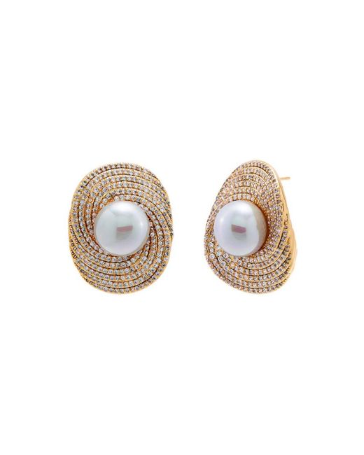 By Adina Eden White Pave Twisted Imitation Pearl On The Ear Stud Earring
