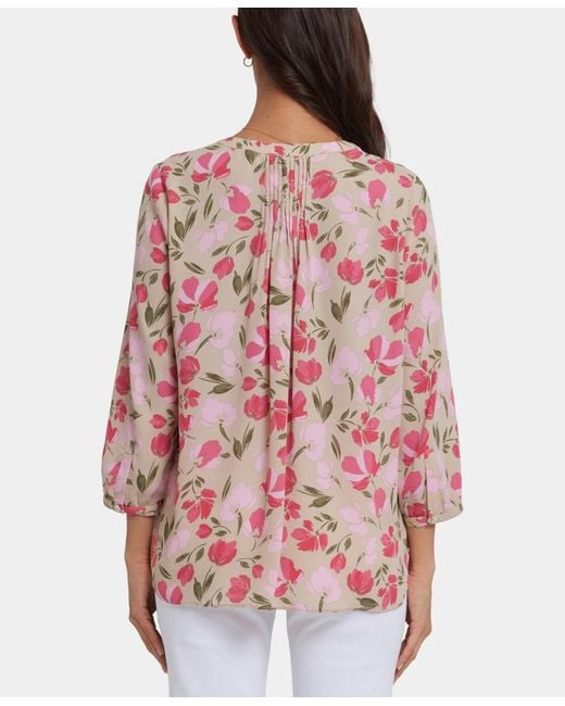 NYDJ Red Pintuck Split Round Neck Top