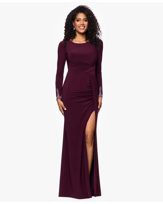 Betsy & Adam Purple Â Long Sleeve Beaded Cuff Dress