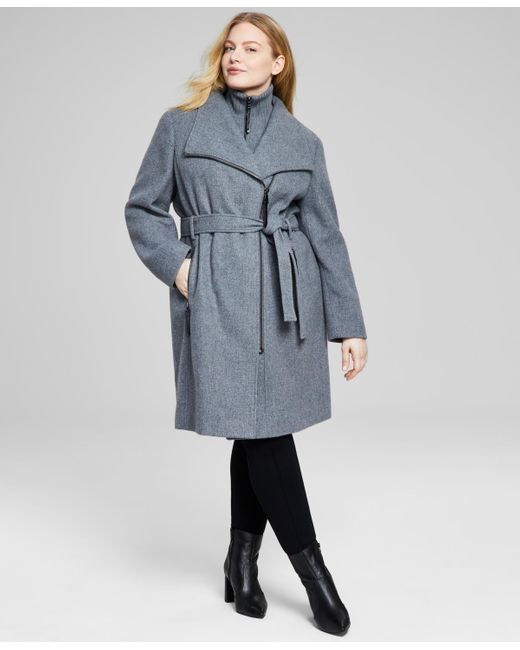 Calvin Klein Blue Plus Size Belted Asymmetric Wrap Coat