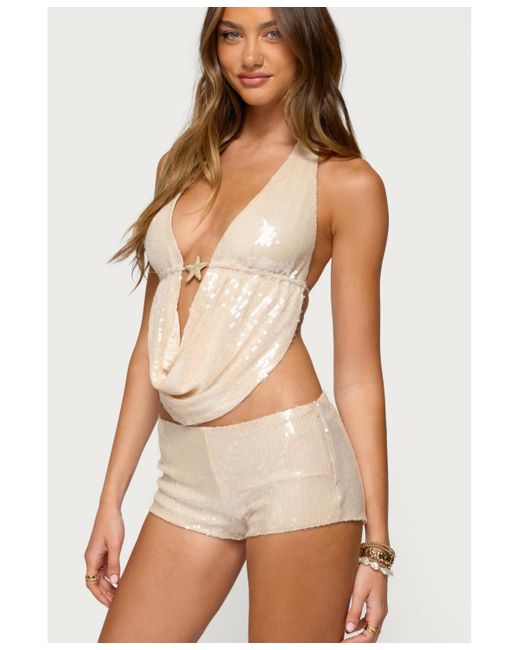 Edikted Natural Roxey Sequin Backless Cowl Neck Top
